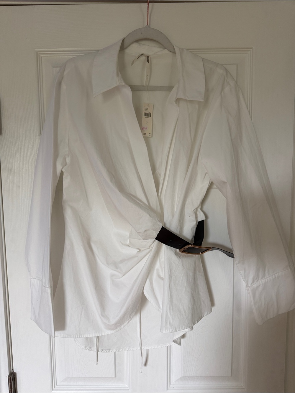 White Twisted Front Wrap Shirt with Belt - Women 100% Cotton NWT
